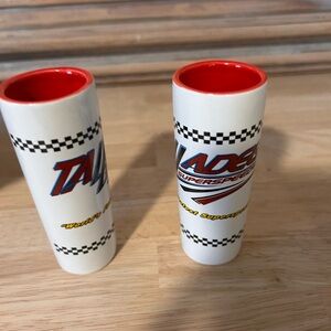 Talladega White and Red Shot Glasses 
A pair 
2 
Good condition